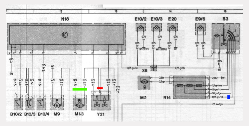Fragment of the electrical schematic concerning the heating subsystem. Version without A/C.