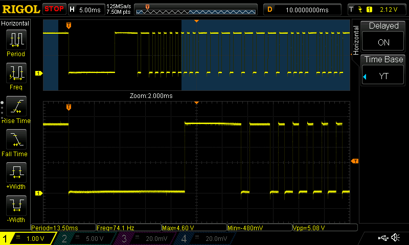 Oscilloscope capture of the signal from IR receiver. 9 ms pulse followed by 4.5 ms gap indicates NEC protocol.
