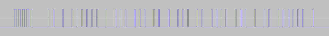 Waveform visualised in Audacity. Low state indicates carrier presence. This message corresponds to 22 deg C and 34%.