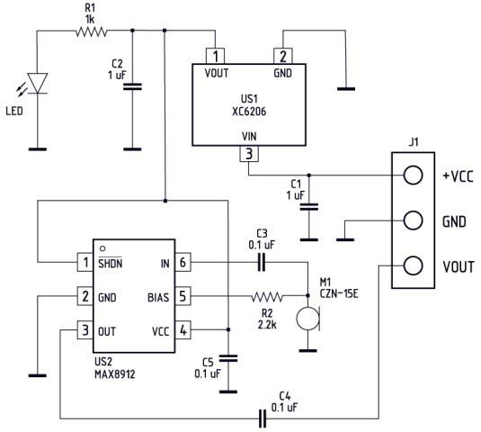 Schematic of the #2 module. Basic application of MAX9812L and XC6206.