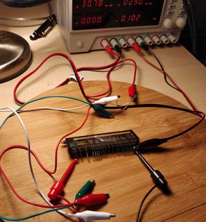 Lab power supply connected to the VFD. 3 V for filament and 30 V for anodes.