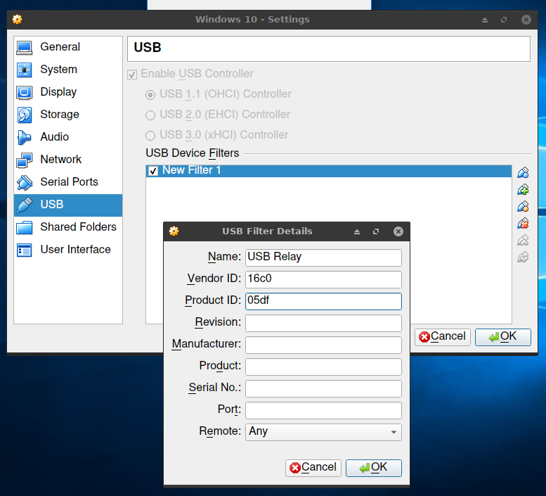 Configuring USB device filter on VirtualBox.